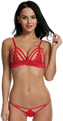 SloMes Sexy Lingerie Bar and Panty For Women Lace Babydoll Bodysuit Nightwear Outfit Underwear Set,Large,Red