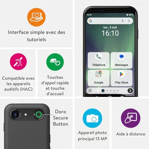 - Smartphone Aurora A10 - Téléphone Portable Senior - Facile à Utiliser - Touche d'Assistance avec Localisation GPS - Compatible Appareils Auditifs - Câble USB Inclus - Blanc