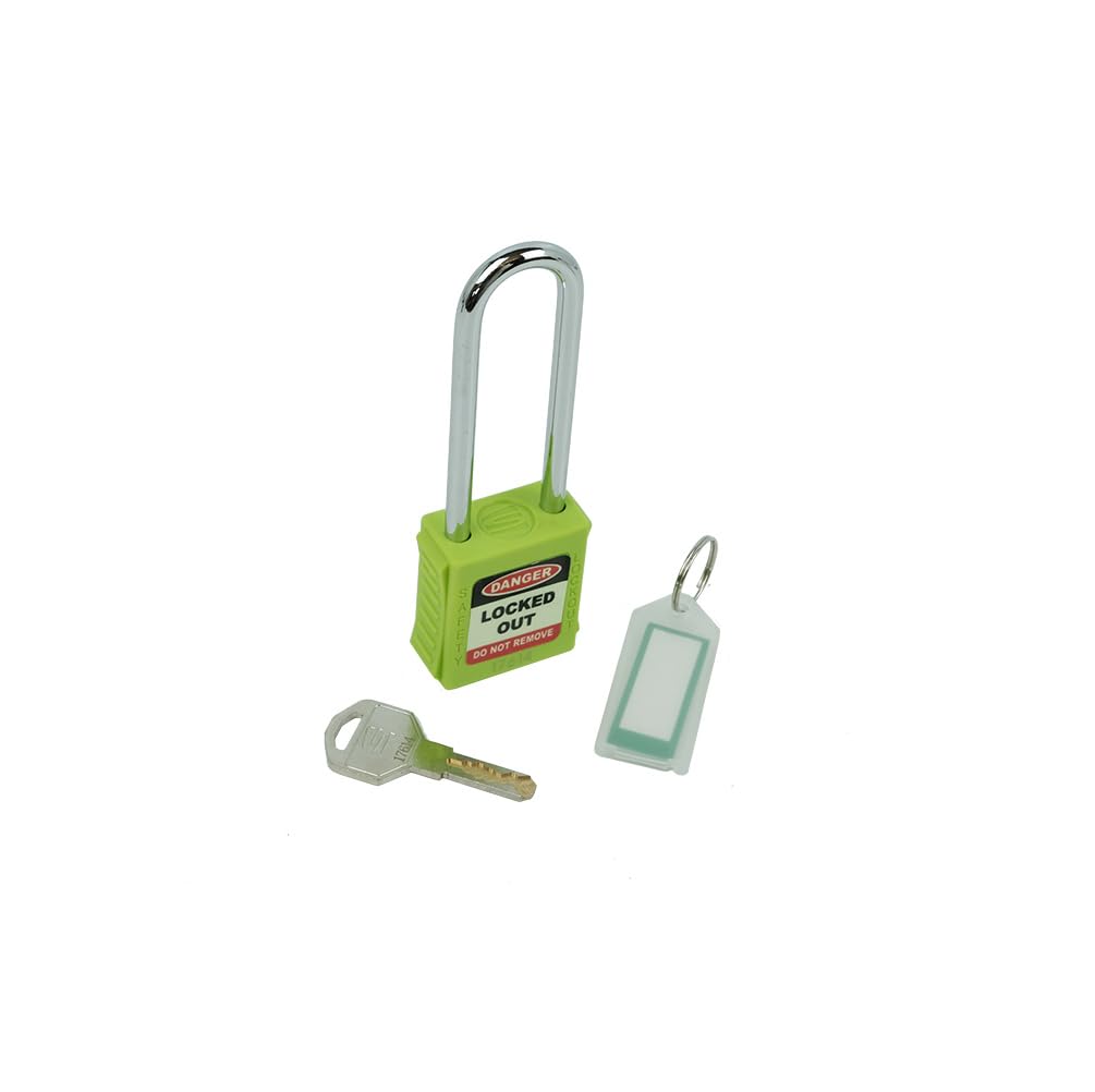 Lockout Tagout Green Padlock Long Shackle 6 Pin Cylinder For Extra Security Ribbed Nylon Body For Easy Gripping Resistant To Chemicals & Corrosion Supplied With 1 Key & Keyring