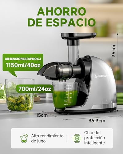 AMZCHEF Espremedor de pressão a frio - Extrator de sumos e vegetais - Espremedores para sumos com 2 tanques e escova - Máquina de espremedor lento de pressão a frio com função de mastigação inversa - Prata