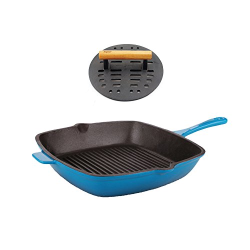 BergHOFF 2 Piece Cast Iron Grill Pan & Slotted Steak Press Set, Blue