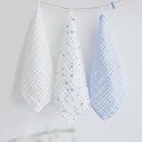 NANPIPER Baby Washcloths and Bath Towels with Hook,3-Pack 100% Muslin Cotton Organics Baby Face Towels, Soft Newborn Baby Handkerchiefs, Reusable Baby Wipes, 12x12 inches