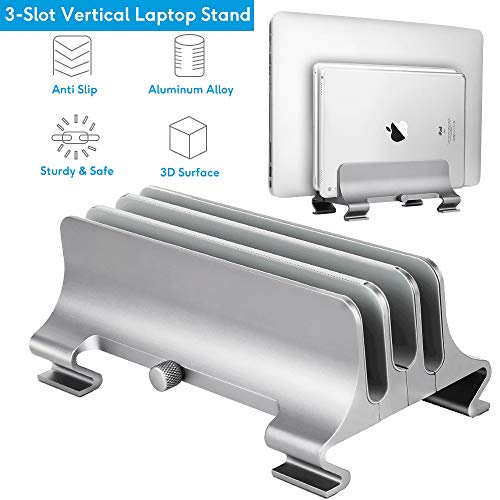 Vertical Laptop Stand [Adjustable Size], ARGIGU 3-Slot Space-Saving Aluminum Desktop Stand Holder Adjustable Dock Size Compatible for All MacBook/Chromebook/Surface/Gaming Laptops(Silver)