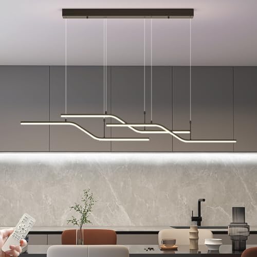 Siittoo Moderna lámpara colgante negra, lámpara de araña LED regulable de 45 W con control remoto, lámpara colgante lineal de 3 ondas de luz para comedor, cocina, isla de restaurante (52 pulgadas)