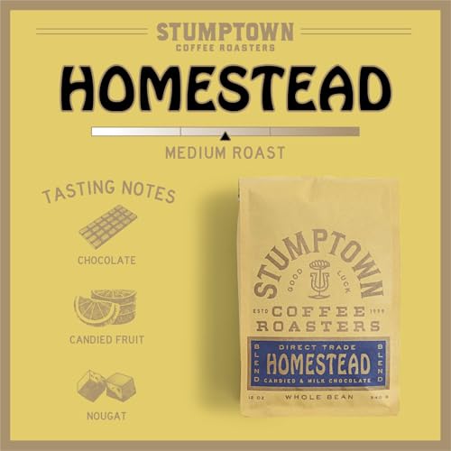 STUMPTOWN COFFEE ROASTERS, MEDIUM ROAST WHOLE BEAN COFFEE – HOMESTEAD BLEND 12 OUNCE BAG WITH FLAVOR NOTES OF MILK CHOCOLATE, CHERRY AND ORANGE
