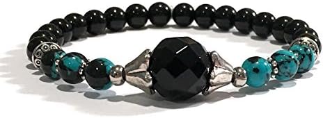 Handmade Black Onyx, Turquoise and Black Dyed Howlite and Black Tourmaline Healing Bracelet 7 Inches