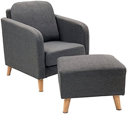 Contemporary Fabric Linen Upholstered Armchair with Footstool Ottoman Lounge Bedroom Living Room Office (Dark Grey) 2644