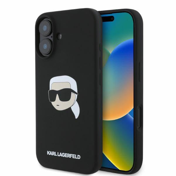 CG MOBILE Karl Lagerfeld KLHMP16SSKHPPLK Case for iPhone 16 6.1 Inch Black Hard Case Silicone Karl Head Print