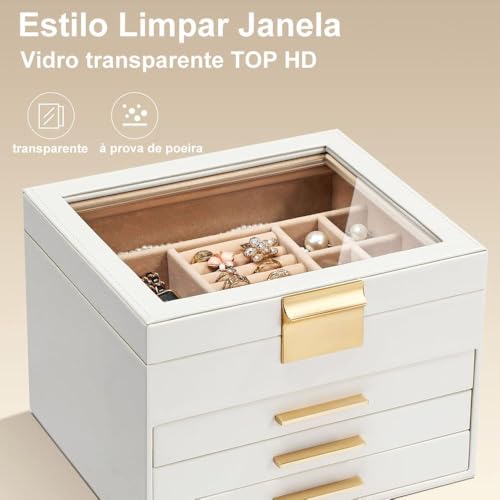 Porta Joias Organizadora com Gavetas, Organizador de Joias Grande com Múltiplos Compartimentos para Armazenamento e Decoração