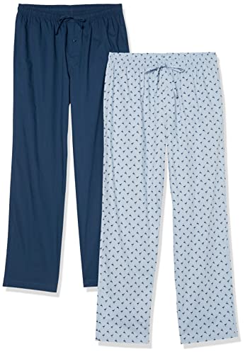 Amazon Essentials Pantaloni di Pigiama Lunghi in Popeline di Cotone Uomo, Pacco da 2, Blu Ghiaccio Fenicotteri/Indaco, S