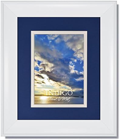 One 8x10 Metro White Picture Frame with Clear Glass and Double Nautica Blue/White Mat for 5x7 image
