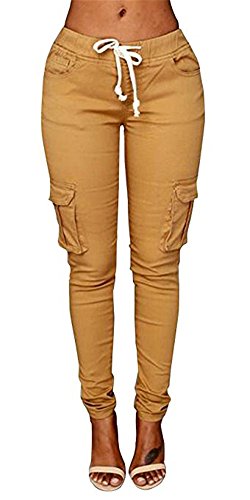 Coutgo Womens Casual stretch drawstring skinny pants cargo jogger pants (XXXL, yellow)