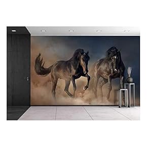 Two Black Stallion Run in Desert Dust Against Sunset Sky - Removable Wall Mural | Self-Adhesive Large Wallpaper - 66x96 inches