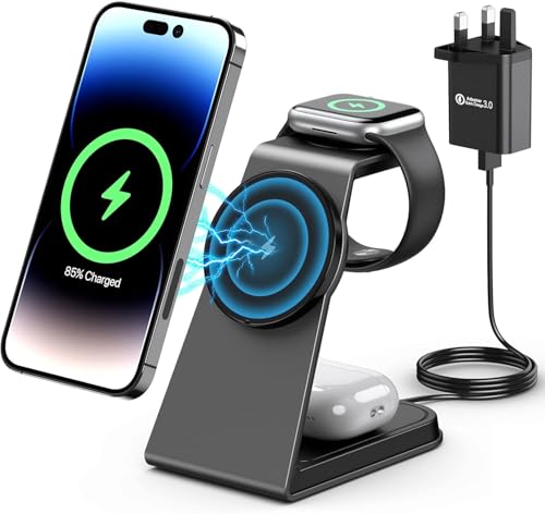 3 in 1 Wireless Charging Station for MagSafe,Aluminum Alloy Magnetic Wireless Charger,15W Fast for MagSafe Charger Stand Compatible with iPhone 17/16/15/14/13,for Apple Watch,for AirPods