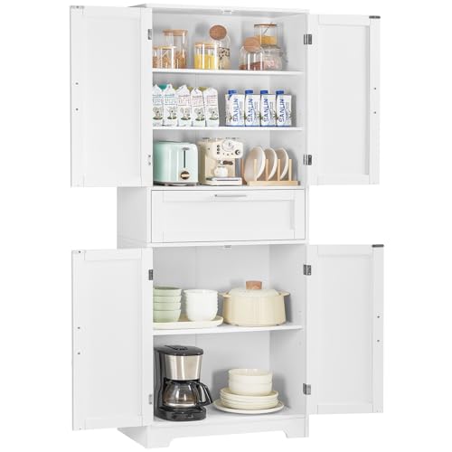 FIONESO 67" Tall Pantry Cabinet, Kitchen Pantry Storage Cabinet with 1 Large Drawer & 2 Adjustable Shelves, Freestanding Cupboard Buffet for Kitchen, Bathroom, White
