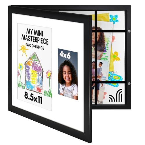 Americanflat Kids Art Frame with Two Openings and Storage - Use as 8.5x11 Picture Frame for Kids Art Display and One 4x6 Photo - My Mini Masterpiece - Changeable Display - Black