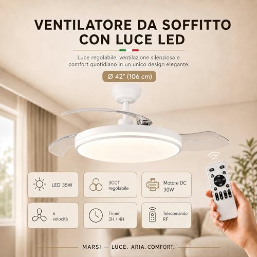MARSI Ceiling Fan with LED Light 106 cm, Invisible Retractable Blades, Silent Fan with RF Remote Control, Reversible DC Motor, 6 Speed, Dimmable LED, for Bedroom and Living Room
