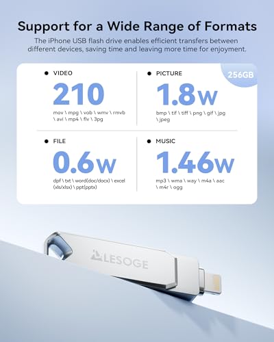 MFi Certified 256GB Flash Drive for iPhone Photo Stick Thumb Drive, USB Memory Stick iPhone Flash Drive for Photos Videos, High Speed Jump Drive External Storage for iPhone/iPad/Android/PC (Silver)