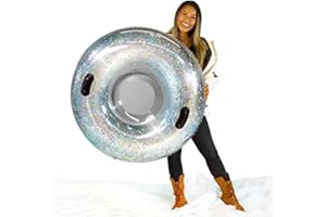 SnowCandy Silver Glitter Snow Tube – Large Inflatable Snow Sled with Holographic Sparkle – Heavy-Duty, Cold-Resistant PVC, Supports Up to 250 lbs