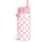 Checker Print Kids Water Bottle With Straw Lid 12oz Insulated Stainless Steel, Travel Tumbler, Pink Bow Gifts For Girls, Birthday, Christmas, Back To School