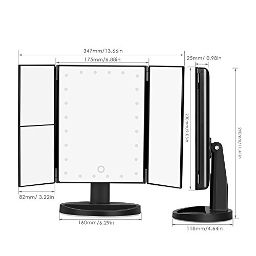 Amzdeal Makeup Vanity Mirror with 1X 2X 3X Magnifiers 24 Led Lighted Tri Fold Makeup Mirror 180 Degree Rotatable Countertop Bathroom Cosmetic Mirror, Black - Thumbnail 4