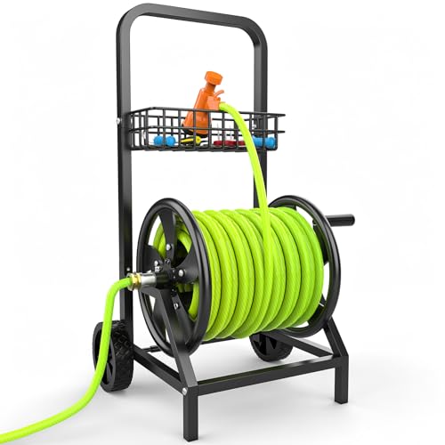 Garden Hose Reel Cart, Heavy Duty Hose Reel with Wheels, Hold Up to 200 ft of 1/2’’ Hose, Mobile Hose Reel Cart for Outside, Metal Water Hose Reel with Storage Basket for Backyard, Garden, Lawn