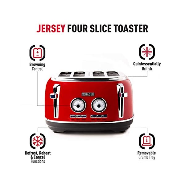 Haden-Jersey-Toasters-4-Slice-Toaster-Red-CD40 Haden Jersey Red Toaster 4 Slice – Electric Stainless Steel Toaster - Reheat and Defrost Functions - Self Center…