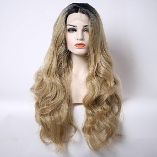 Arimika Bodywave Short 2-3inch Dark Brown Roots Ombre Honey Blonde Synthetic Lace Front Wig Decent Parting Space Transparent Lace