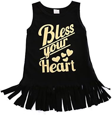Little Girls Summer Sleeveless Bless your Heart Tassel Shirt Dress (120 (5-6Y), Black)