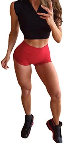 Women Short Yoga Pants Daoroka Waist Band Contrast Fold Over Flex Gym Workout Athletic Sport Performance Running Exercise Short Pants Trouser (S, Red)