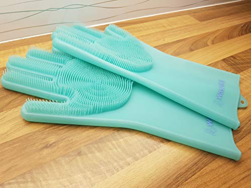 WashMe Magic Silicone Gloves with Wash Scrubber, 1 Pair of Cleaning Gloves for Dishwashing, Pet Bathing, Bathroom and Car Cleaning, Reusable and Heat Resistant Gloves (13.8 inches, XL) (Green) - Thumbnail 2