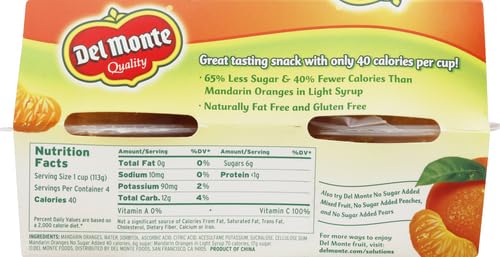 DEL MONTE NO SUGAR ADDED MANDARIN ORANGES IN WATER FRUIT CUP, 4 OZ, PACK OF 4