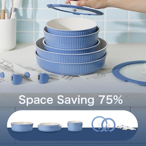 KOCH SYSTEME CS 19 Piece Non stick Ceramic Cookware Set, Pots and Pans Set with Detachable Handle, Induction Kitchen Cookware Sets, Cooking Pan Set with Removable Handle, RV Cookware Set, Blue