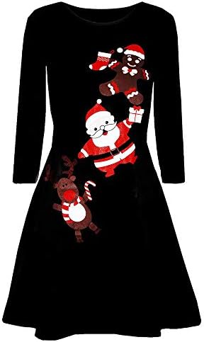 Christmas Dresses for Women Solid Color Long Sleeve Elk Print Evening Dress Swing Dress