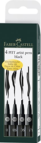 Faber-Castell India Ink Pitt Artist Pens, Set of 4 Assorted Nibs (SB, SC, 1.5, B), Black (FC167139)