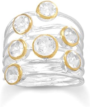 Sterling Silver Shiny Two Tone Clear Quartz Multi-row Stacked Ring