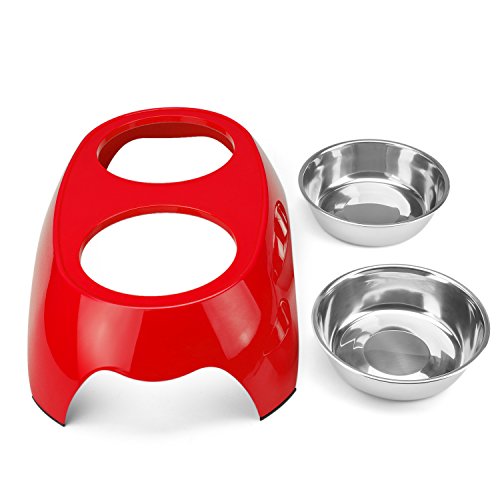 Flexzion Pet Feeder Bowls Double Stainless Steel (Set of 2) - Removable Raised Feeding Station Tray Dog Cat Puppies Animal Food Water Holder Container Dish Table Dinner Set with Elevated Stand (Red)