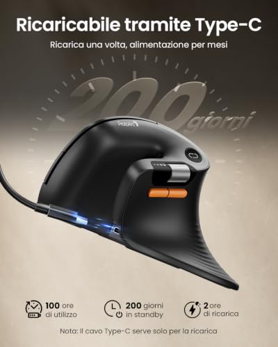 ProtoArc EM11 Pro Mouse Ergonomico Verticale con Rotella di Scorrimento Orizzontale | Pulsante Personalizzabile, 2*Bluetooth + 2,4 G Wireless, Ricaricabile, per PC da Ufficio, Mac, Windows, Linux