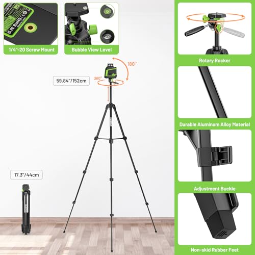 360° Laser Level with 152m Tripod - Huepar 25m-50m Green Laser Self-Leveling + Pulse Mode - 3 Brightness Levels - Rechargeable Li-ion Battery - For Tile Installation, Indoor Decoration