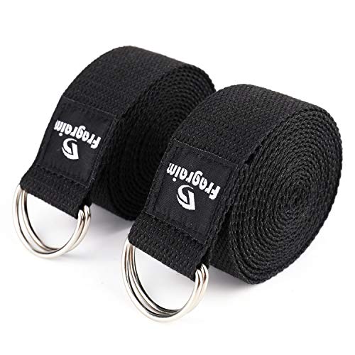 Fragraim Yoga Straps (8ft, 2 Pack) – Durable Cotton Exercise Strap with Adjustable D-Ring Buckle for Stretching, Gym Workouts – Improve Flexibility, Balance and Physical Therapy (Black)