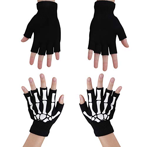 VIPITH 1 pair of Skeleton Gloves and 2-pack Skull Face Masks, Skeleton Pattern Glow in the Dark Knit Gloves and Seamless Multi Function Skull Tube Tubular Half Face Mask Headband Headwear Neck Warmer.