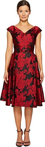 Zac Posen Women's Transparent Jacquard V-Neck Short Sleeve Dress Crimson 8