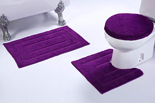Luxury Home Collection 3 Piece Microfiber Bathroom Rug Set Non-Slip Bathroom Rug Contour, Mat and Toilet Lid #673 (Purple, 3 PCE Set)