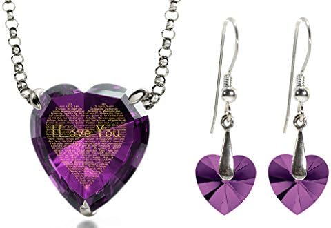 Nano JewelryHeart Jewelry Set for Women I Love You Necklace in 120 Languages Inscribed in Pure Gold on Cubic Zirconia Romantic Birthday Gift for Her Heart-Shaped Pendant and Crystal Earrings, 18"