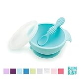 Bumkins Suction Silicone Baby Feeding Set, Bowl, Lid, Spoon, BPA-Free, First Feeding, Baby Led Weaning - Light Blue