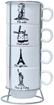 Stacking Mugs Fine Porcelain Coffee Mugs Set Includes 4 Cups with Rack,Famous City Picture,5 Oz Cups