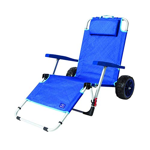Mac Sports 2-in-1 Outdoor Beach Cart + Folding Lounge Chair w/Lock | Tanning, Sunbathing, Lounging, Pool, Backyard, Porch | Portable, Collapsible with All-Terrain Wheels | Blue w/Lock