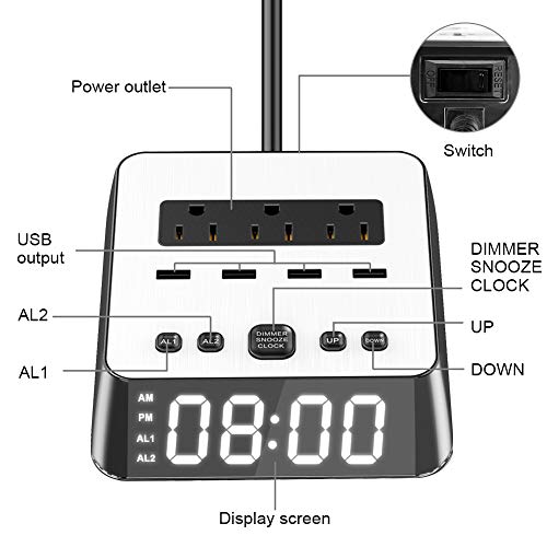 AVOD Alarm Clock Charger 4 USB Ports & 3 AC Outlets, 6ft Power Cord