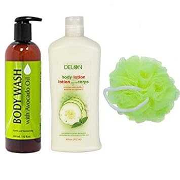 Delon- Made In Canada Combo Pack of Cucumber and Green Tea Skin Lotion (532 ML) & Avocado Body Wash (354 ML) with FREE 1 Loofah