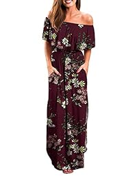 Donnalla - Vestido largo de verano con volantes y hombros descubiertos, con bolsillos, para mujer